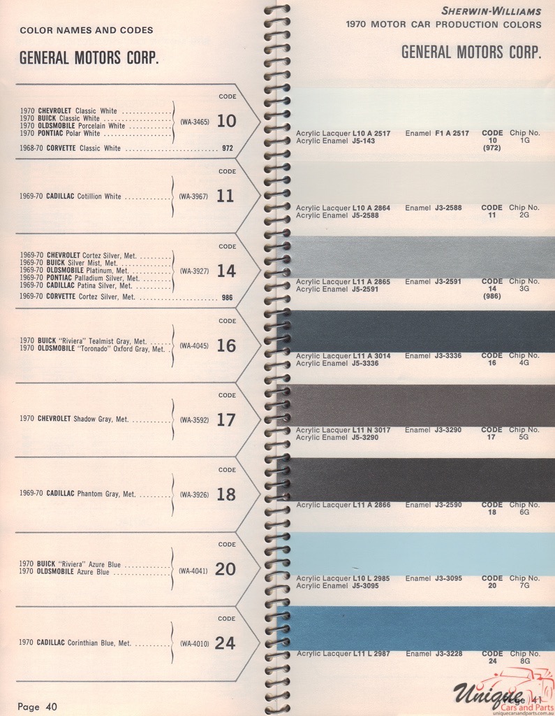 1970 General Motors Paint Charts Williams 1